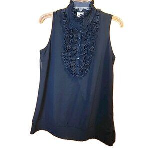 Adiva Ruffle Collar Lapel Top Sz S Black Sleveless Pullover Button Elastic Waist